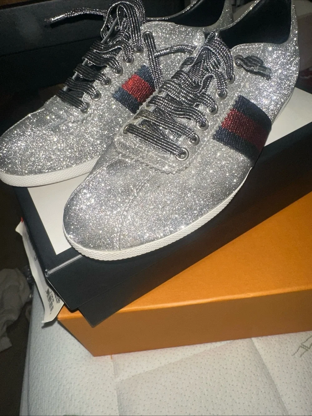 Gucci Silver Glitter Sneakers with Black Ribbon Detail